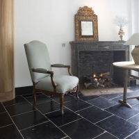 Black Belgian marble Salvaged Tiles Original Surfaces and Fine Antique Fireplace Surround.