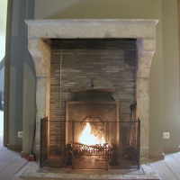 Vintage French Fireplace Mantel, Firescreen, Andirons, Grey Tiles, Fireback.