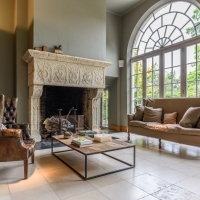 Grand French Renaissance Style Limestone Fireplace Mantle With Open Fire Installed By Maison Leon Van den Bogaert
